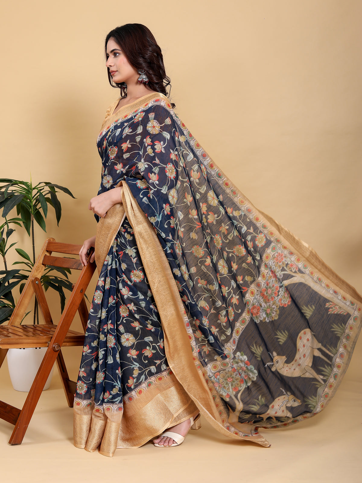 Deep Navy Floral Linen Cotton Saree with Rich Jacquard Edge for Women