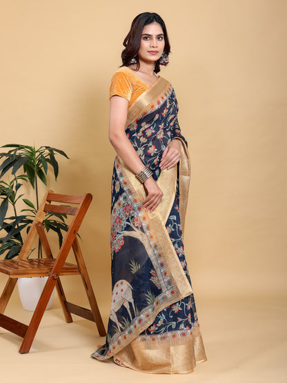 Deep Navy Floral Linen Cotton Saree with Rich Jacquard Edge for Women