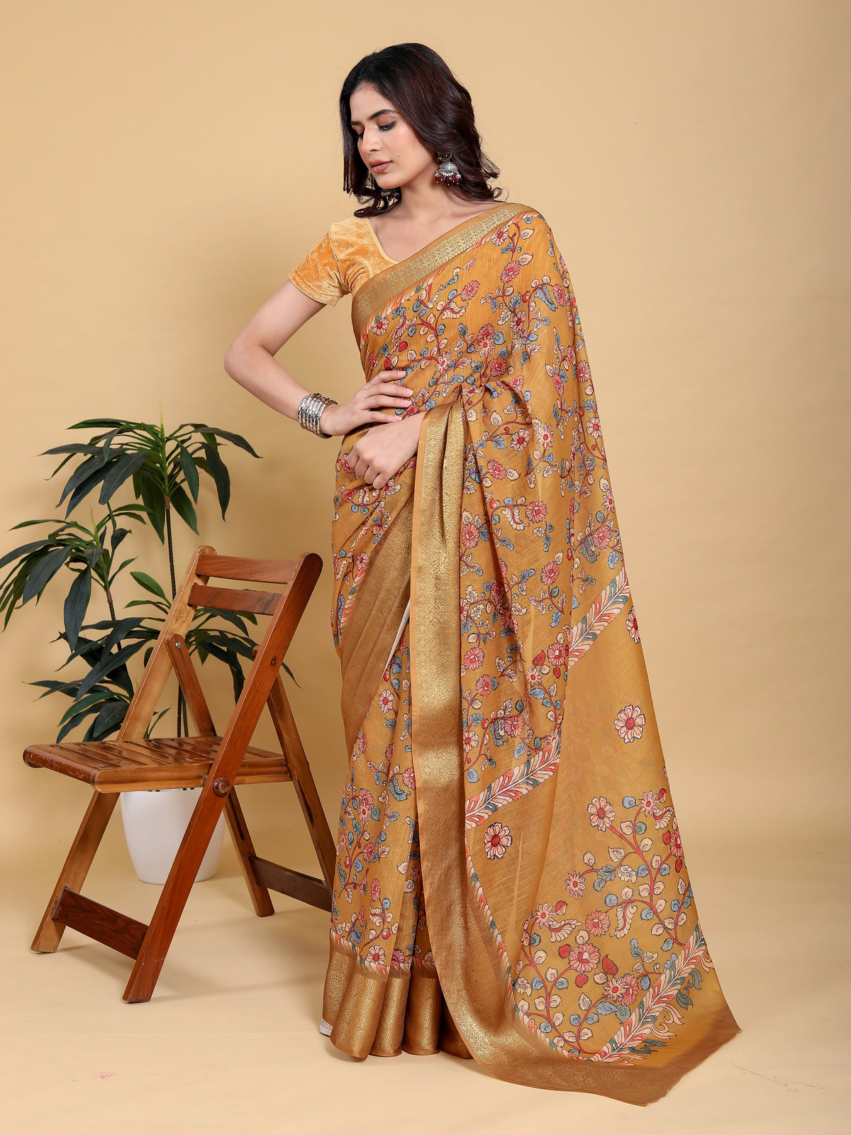 Mustard Floral Linen Cotton Saree with Golden Jacquard Edge for Women