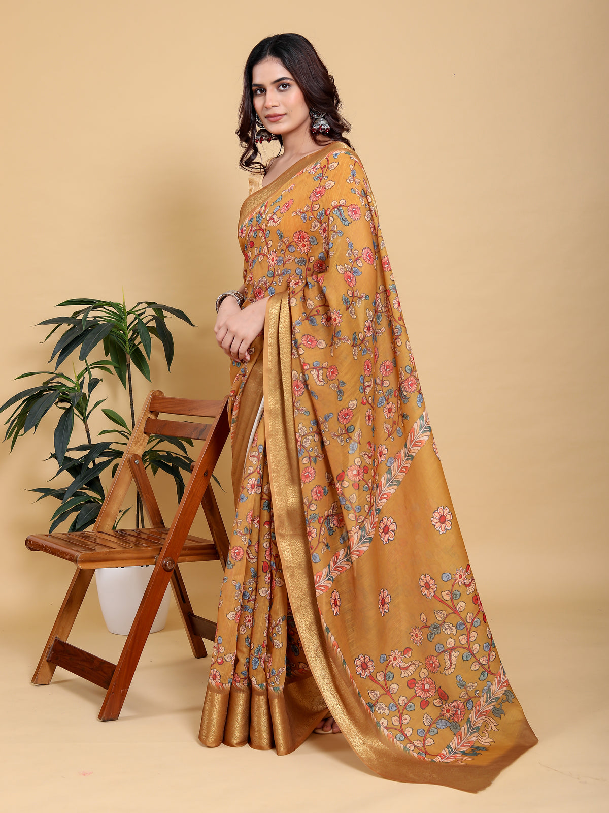 Mustard Floral Linen Cotton Saree with Golden Jacquard Edge for Women