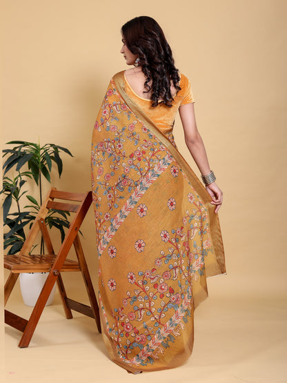 Mustard Floral Linen Cotton Saree with Golden Jacquard Edge for Women
