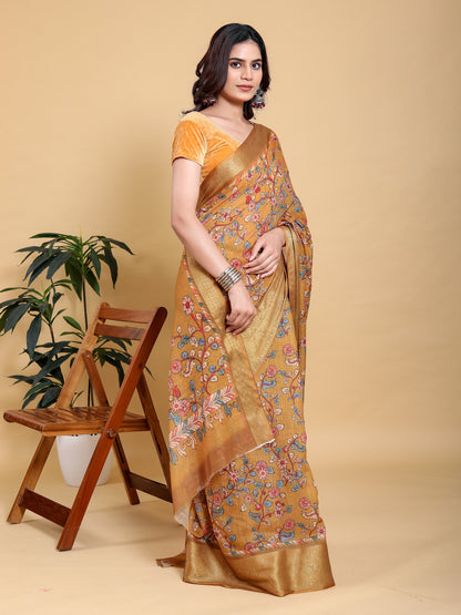 Mustard Floral Linen Cotton Saree with Golden Jacquard Edge for Women