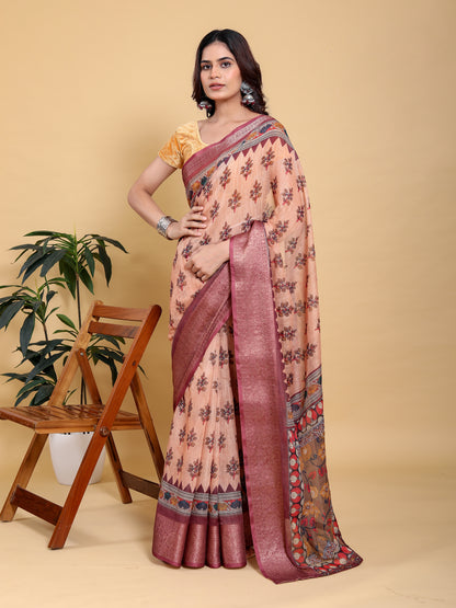 Peach Printed Linen Cotton Saree with Wine Jacquard Borders for Women