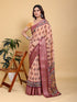 Peach Printed Linen Cotton Saree with Wine Jacquard Borders for Women