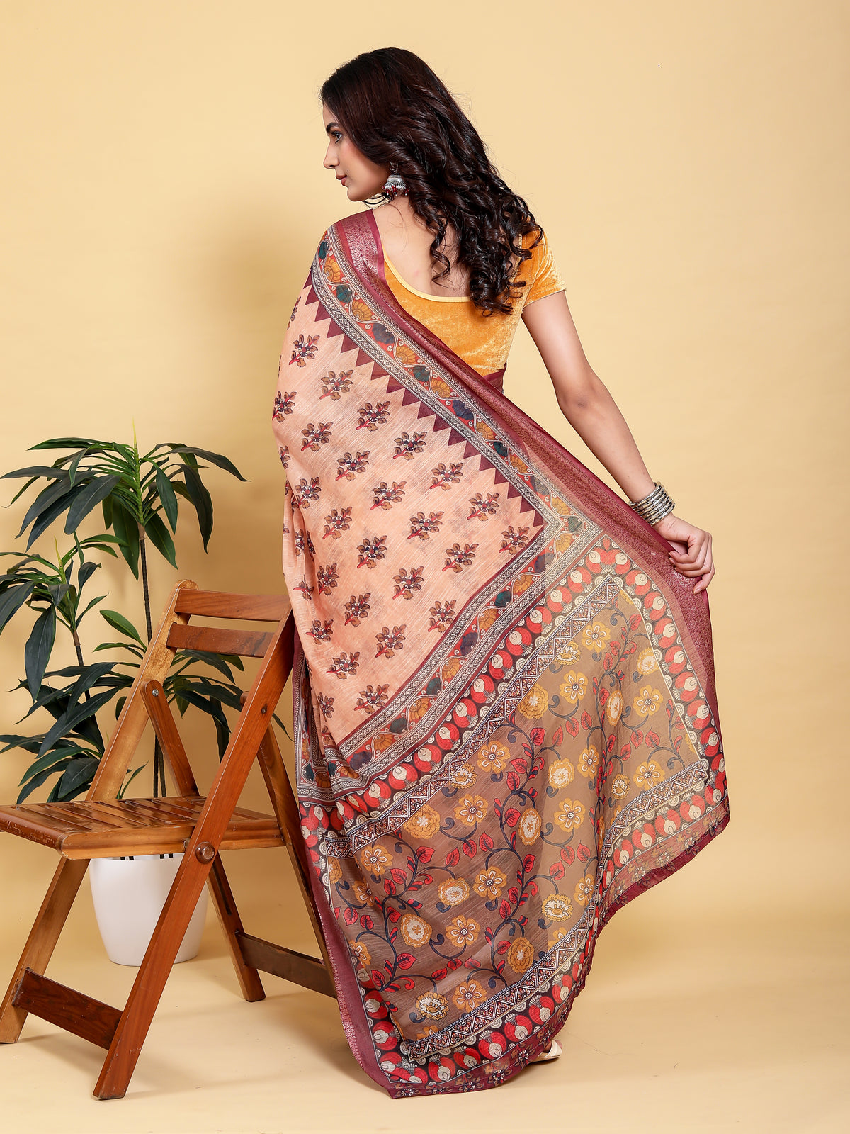 Peach Printed Linen Cotton Saree with Wine Jacquard Borders for Women