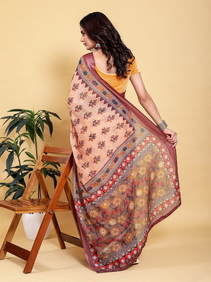 Peach Printed Linen Cotton Saree with Wine Jacquard Borders for Women