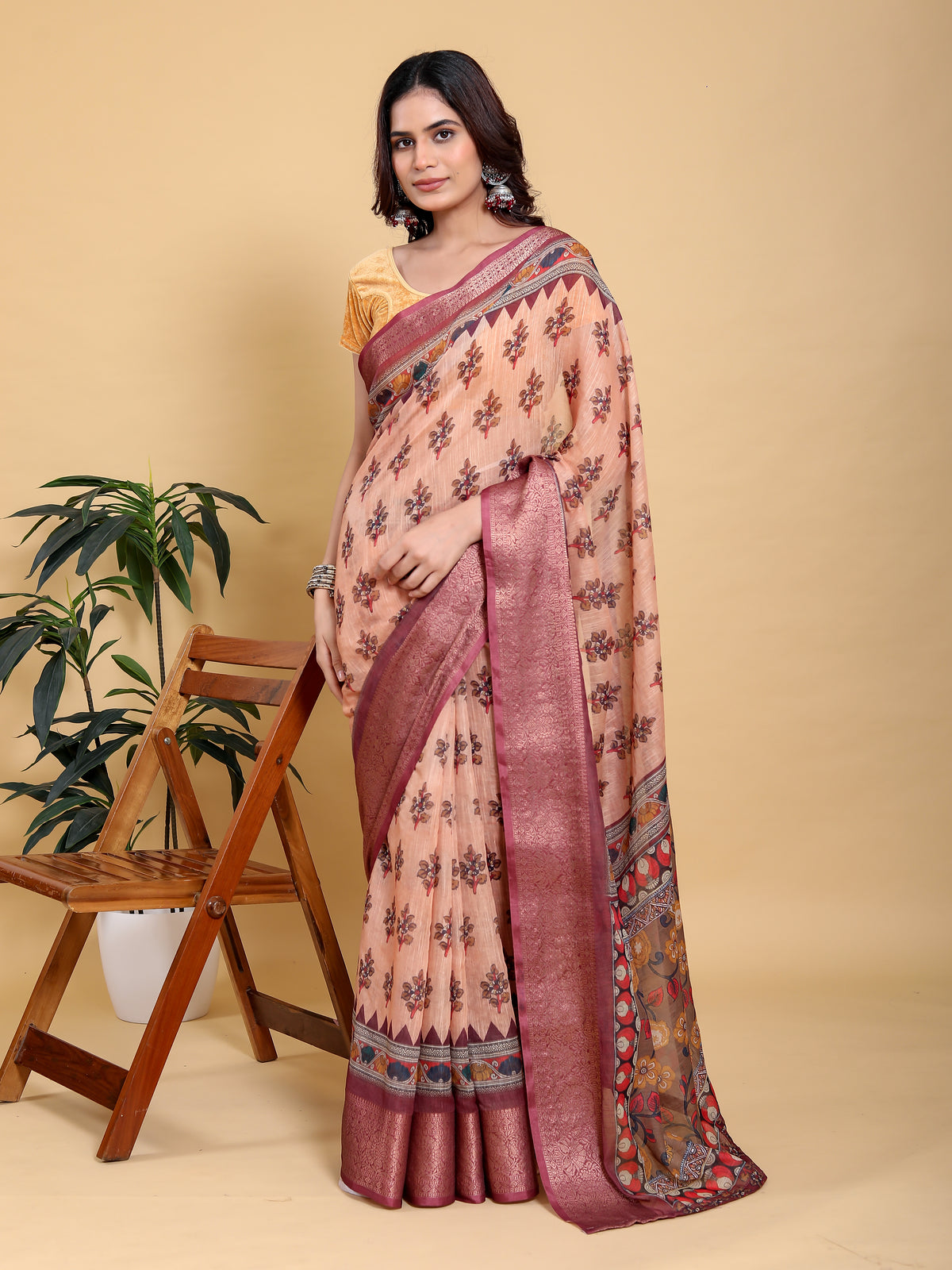 Peach Printed Linen Cotton Saree with Wine Jacquard Borders for Women