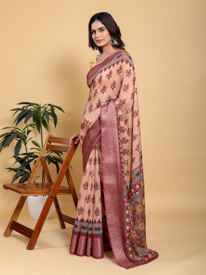 Peach Printed Linen Cotton Saree with Wine Jacquard Borders for Women