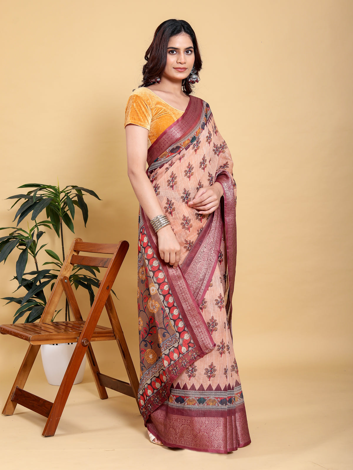 Peach Printed Linen Cotton Saree with Wine Jacquard Borders for Women