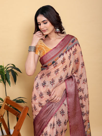 Peach Printed Linen Cotton Saree with Wine Jacquard Borders for Women