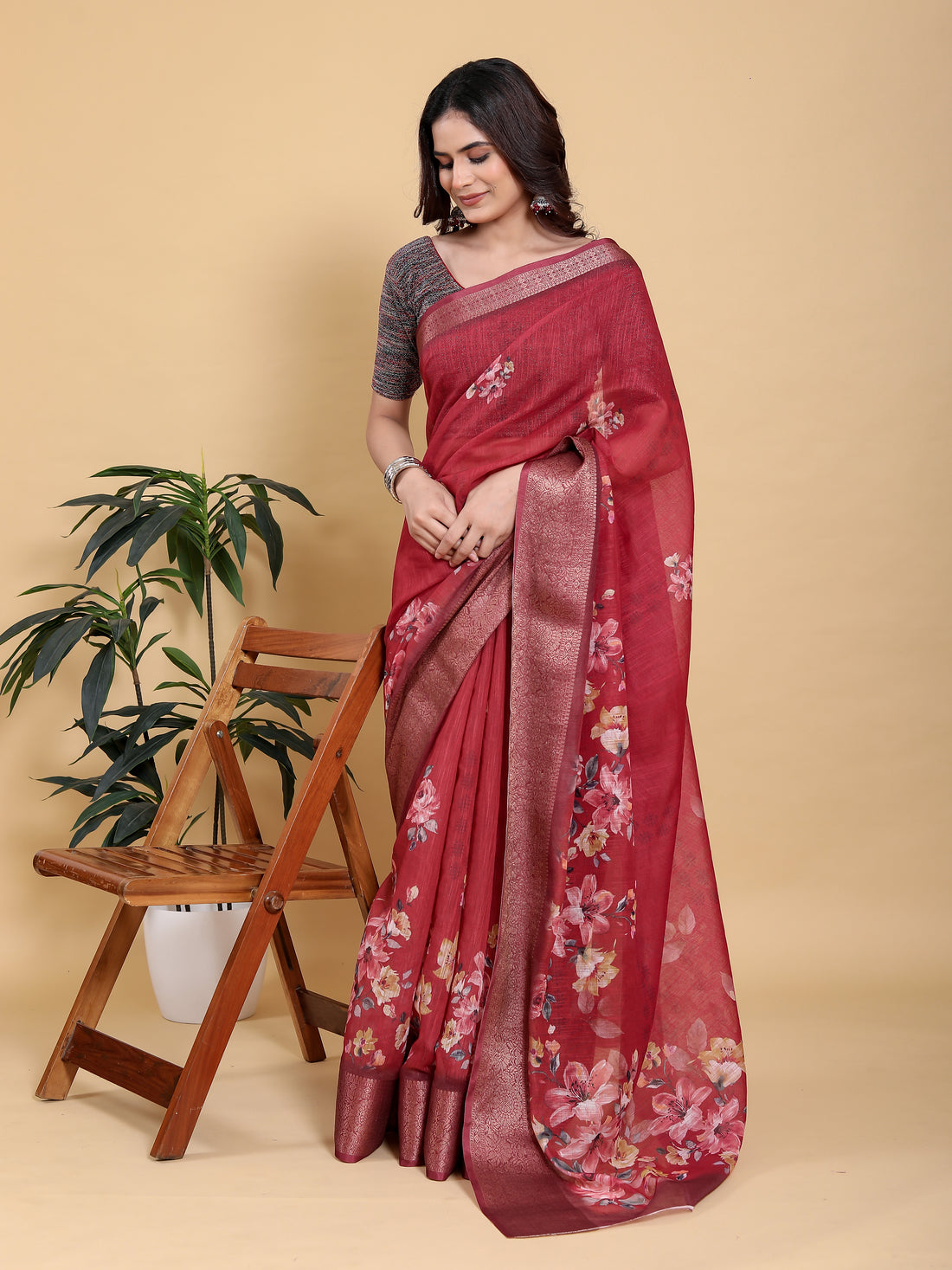 Maroon Floral Linen Cotton Saree with Jacquard Woven Border for Women
