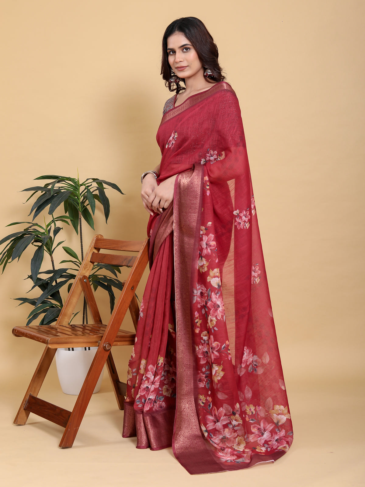 Maroon Floral Linen Cotton Saree with Jacquard Woven Border for Women