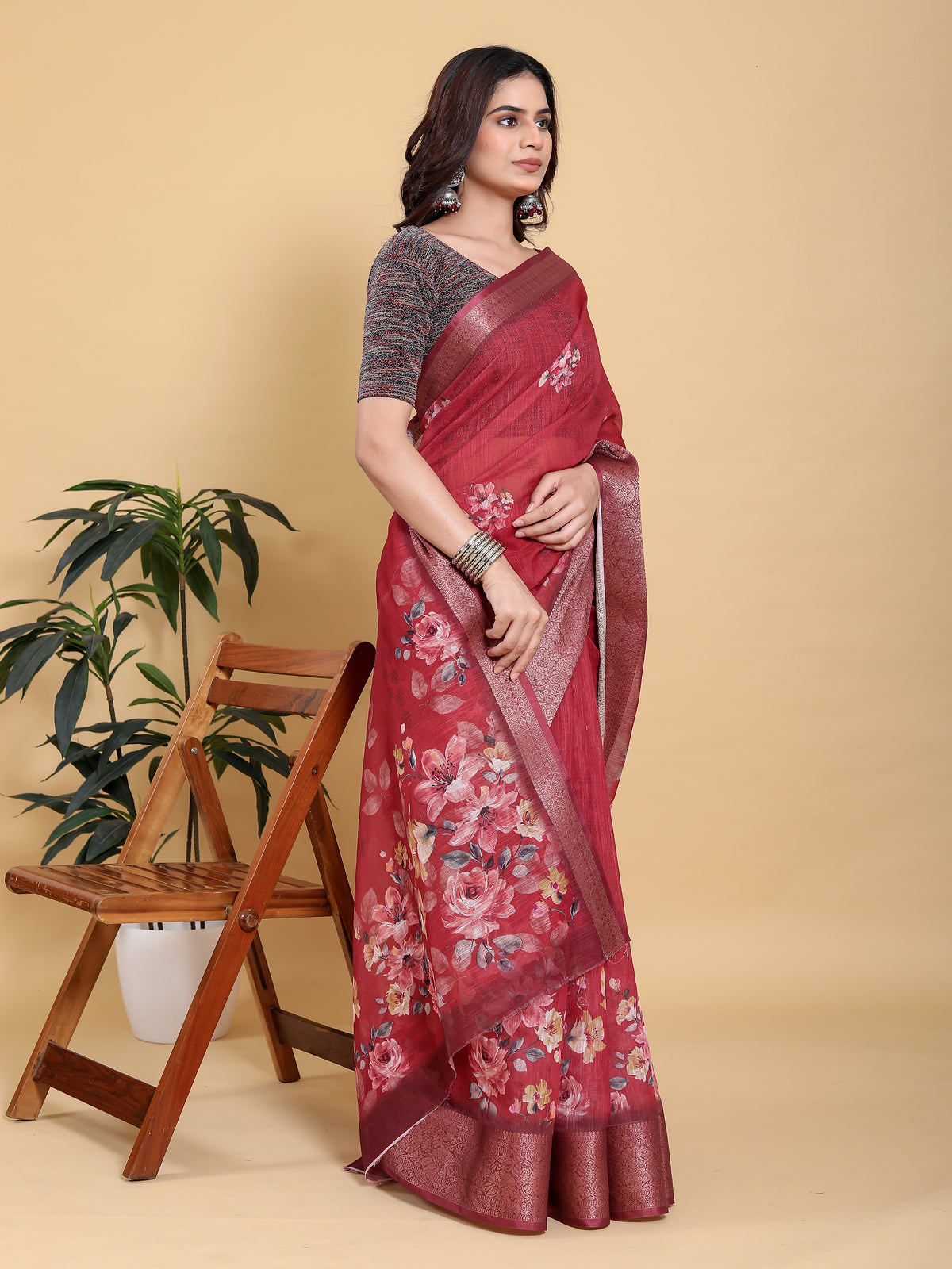 Maroon Floral Linen Cotton Saree with Jacquard Woven Border for Women