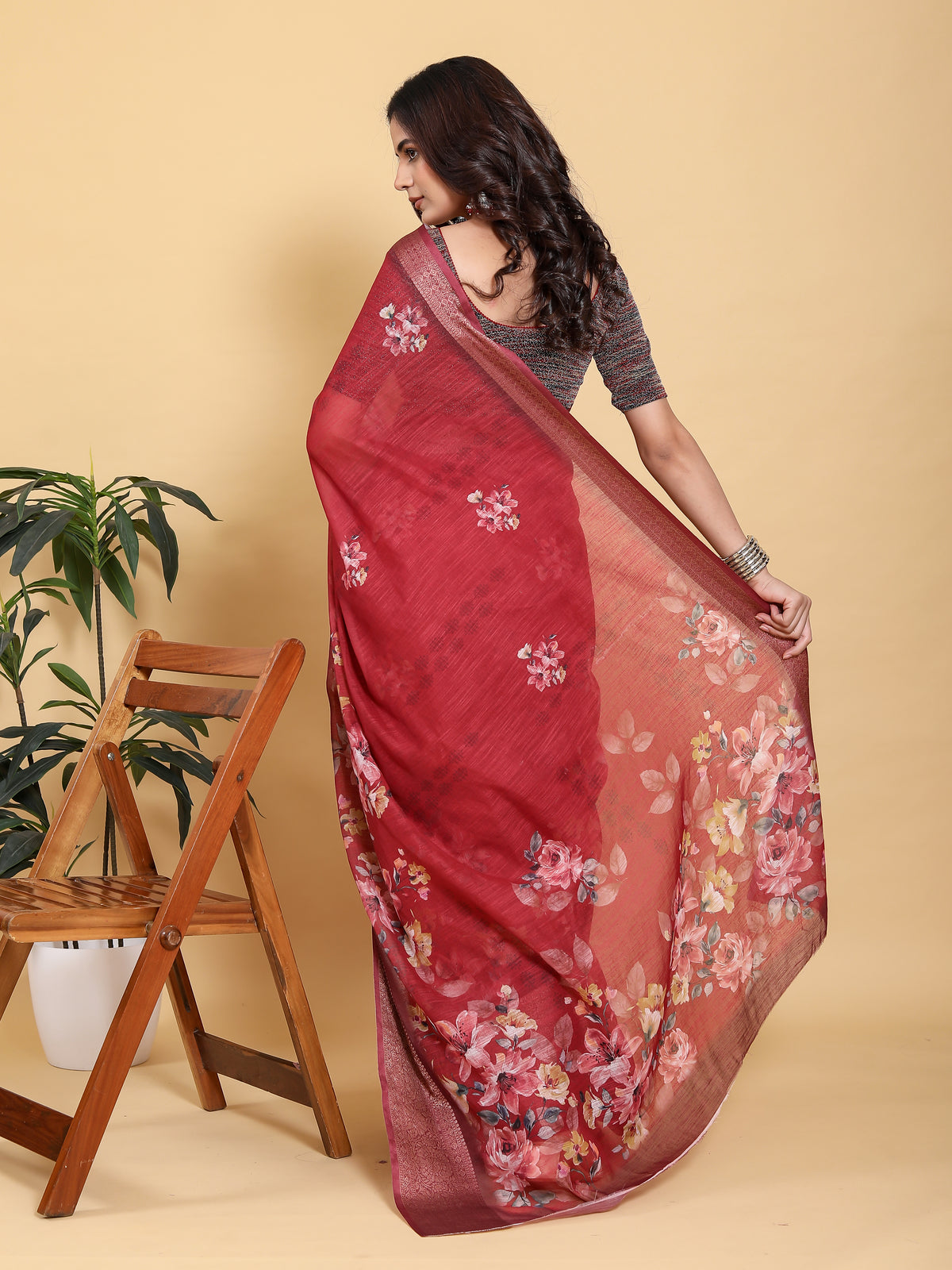 Maroon Floral Linen Cotton Saree with Jacquard Woven Border for Women