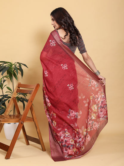Maroon Floral Linen Cotton Saree with Jacquard Woven Border for Women