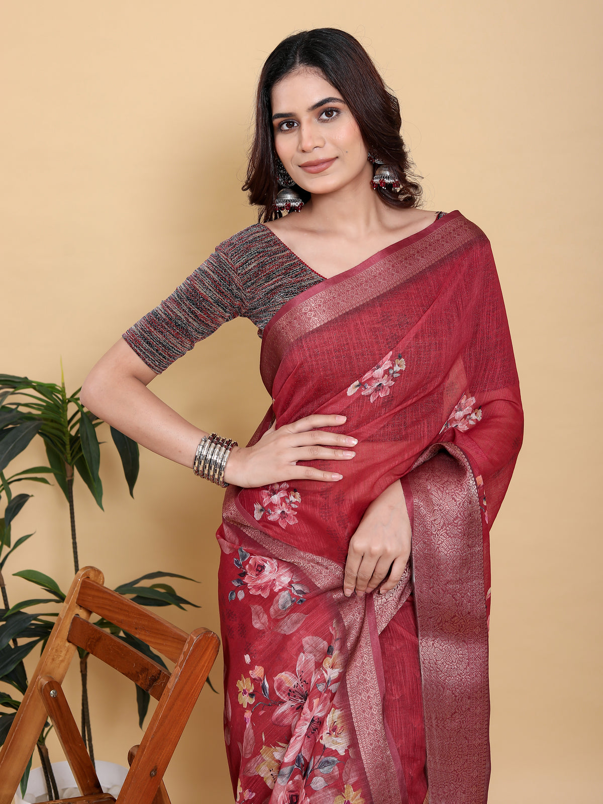Maroon Floral Linen Cotton Saree with Jacquard Woven Border for Women