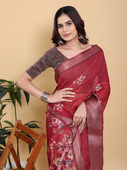 Maroon Floral Linen Cotton Saree with Jacquard Woven Border for Women