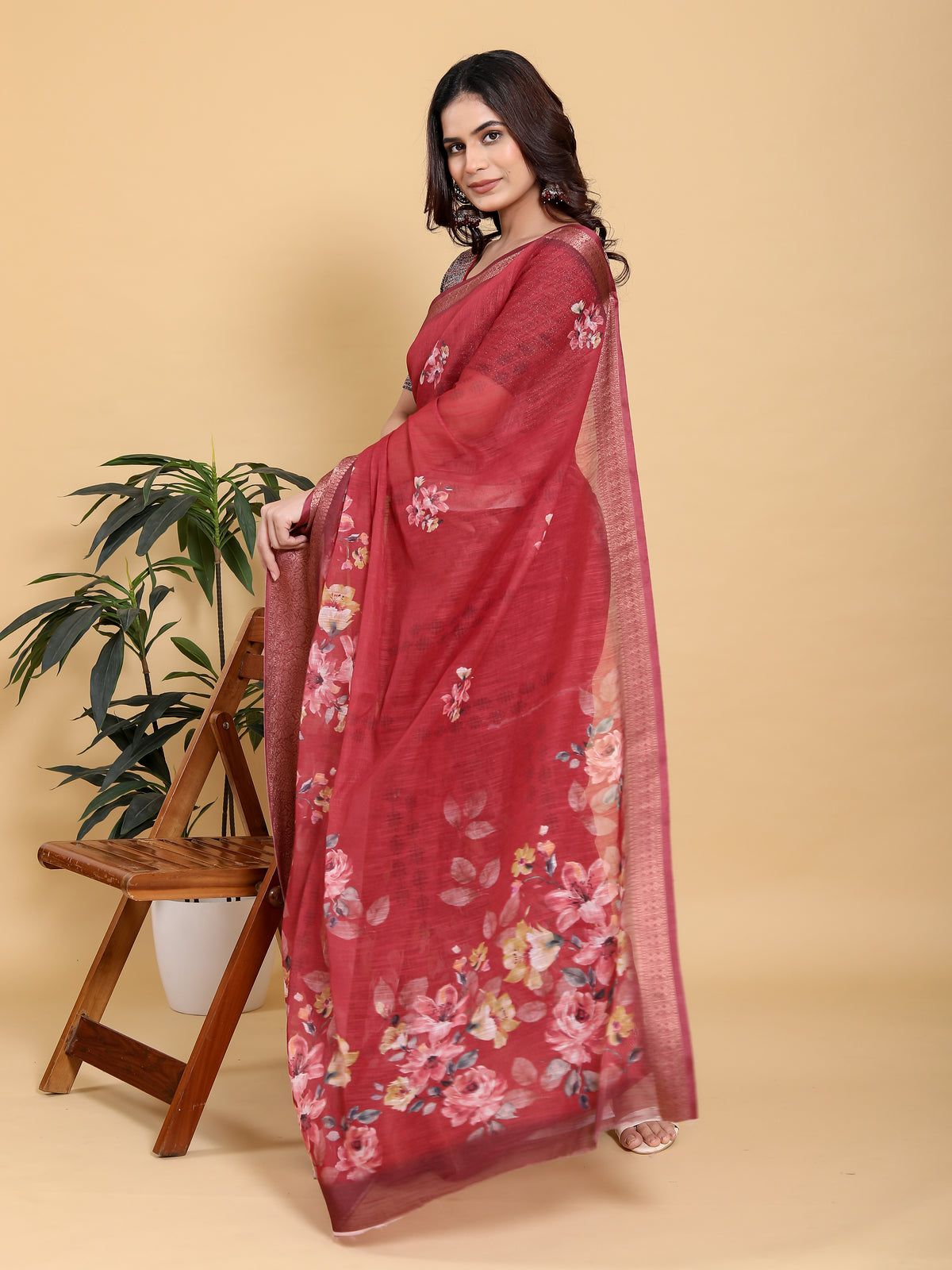 Maroon Floral Linen Cotton Saree with Jacquard Woven Border for Women