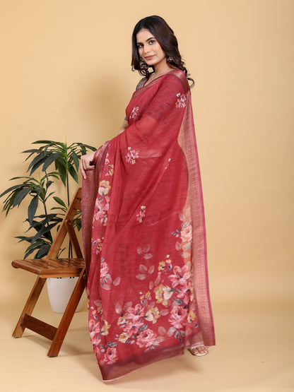 Maroon Floral Linen Cotton Saree with Jacquard Woven Border for Women
