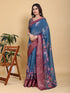 Denim Blue Printed Linen Cotton Saree with Rich Wine Border for Women