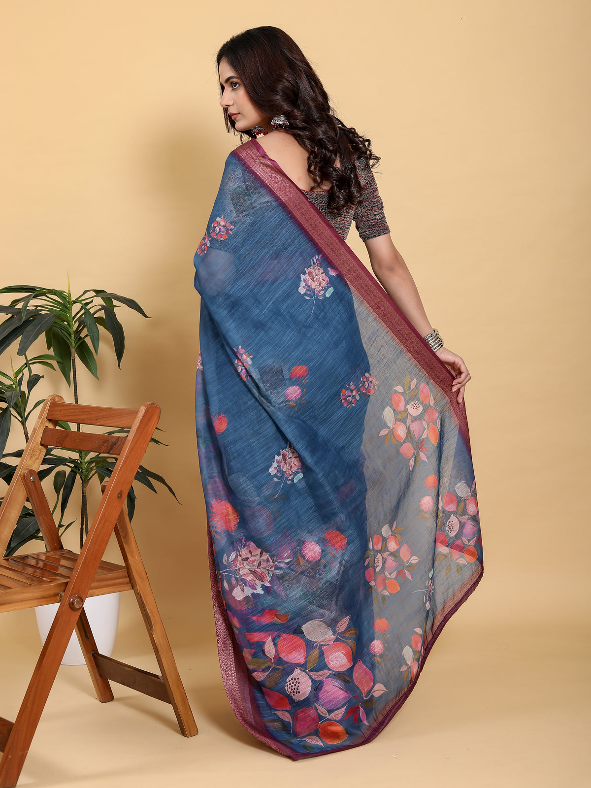 Denim Blue Printed Linen Cotton Saree with Rich Wine Border for Women
