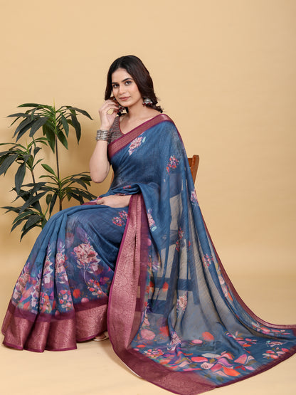 Denim Blue Printed Linen Cotton Saree with Rich Wine Border for Women