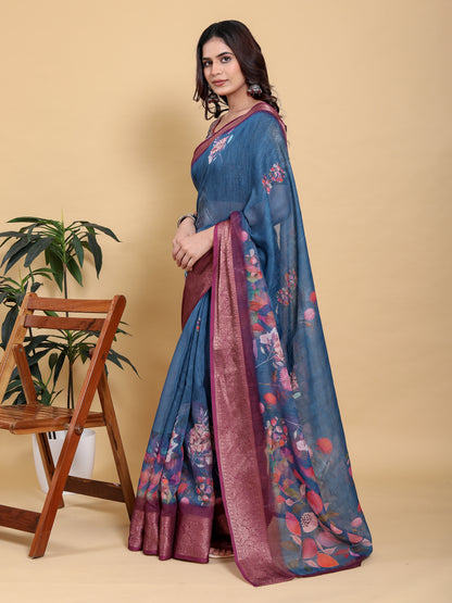 Denim Blue Printed Linen Cotton Saree with Rich Wine Border for Women