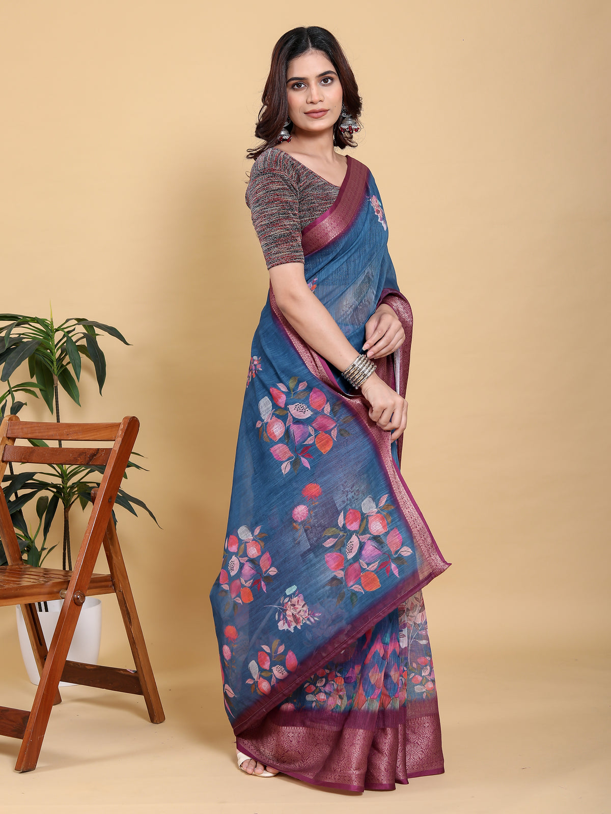 Denim Blue Printed Linen Cotton Saree with Rich Wine Border for Women