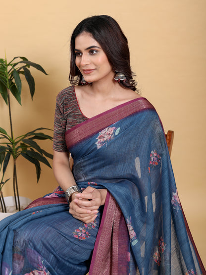 Denim Blue Printed Linen Cotton Saree with Rich Wine Border for Women