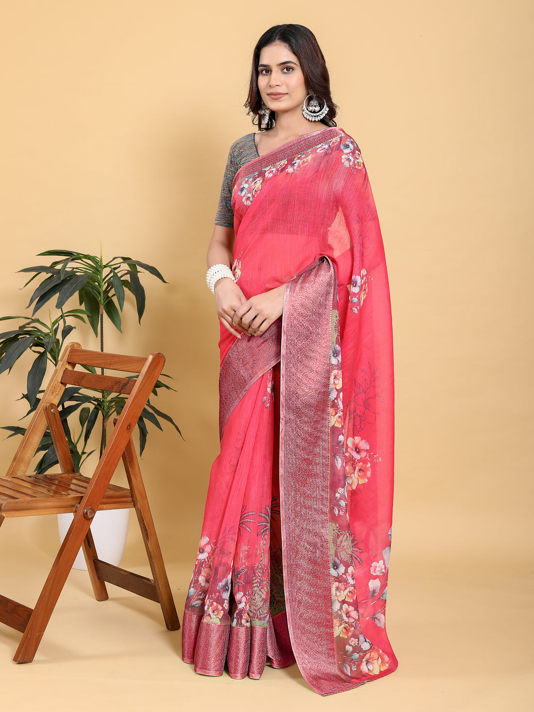 Bright Pink Floral Linen Cotton Saree with Jacquard Borders for Women