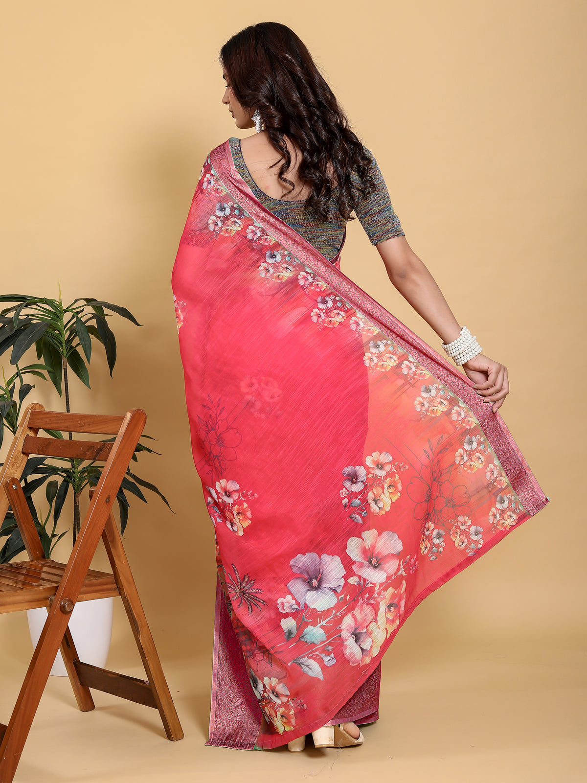 Bright Pink Floral Linen Cotton Saree with Jacquard Borders for Women