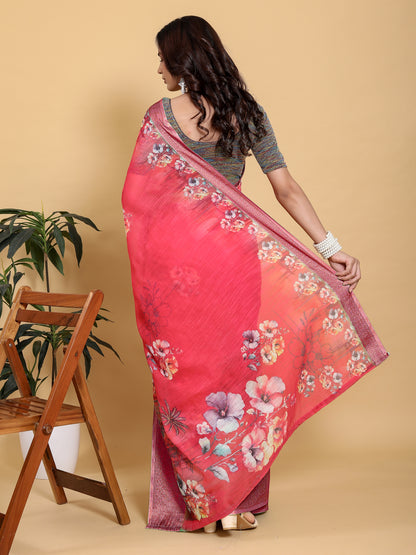 Bright Pink Floral Linen Cotton Saree with Jacquard Borders for Women