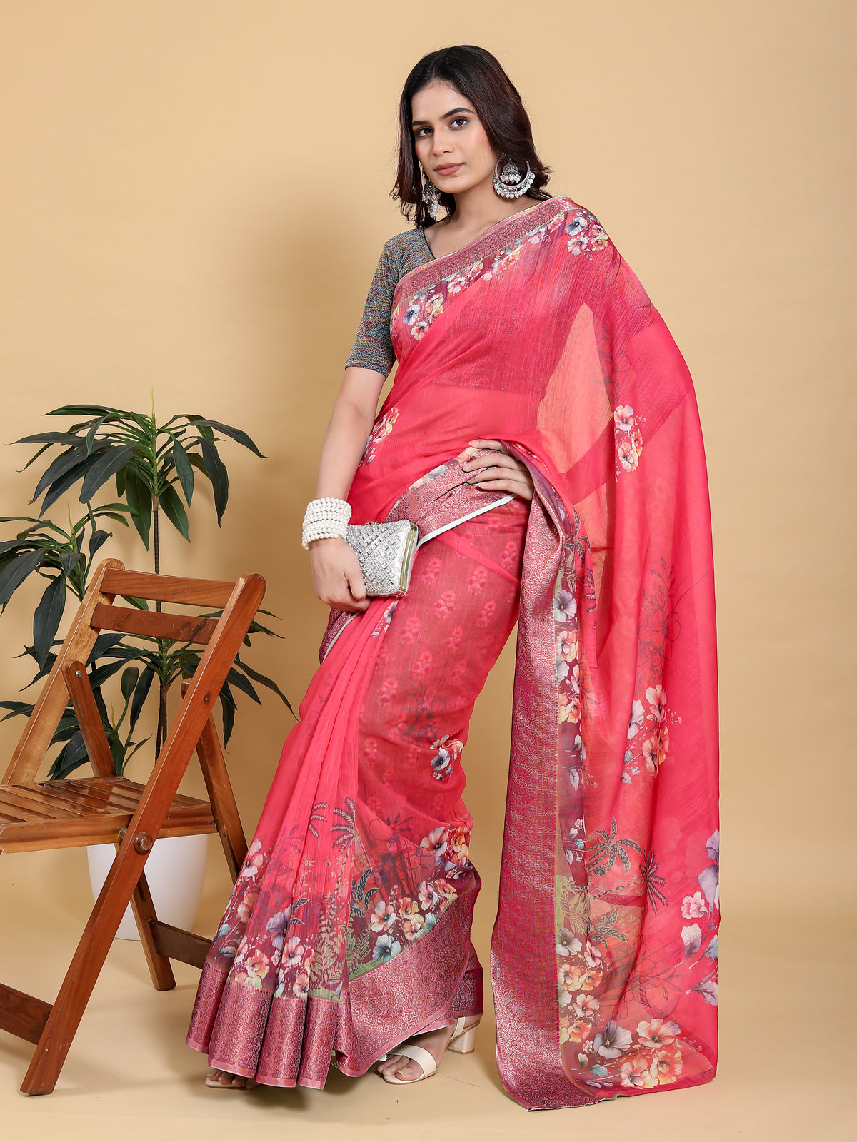 Bright Pink Floral Linen Cotton Saree with Jacquard Borders for Women