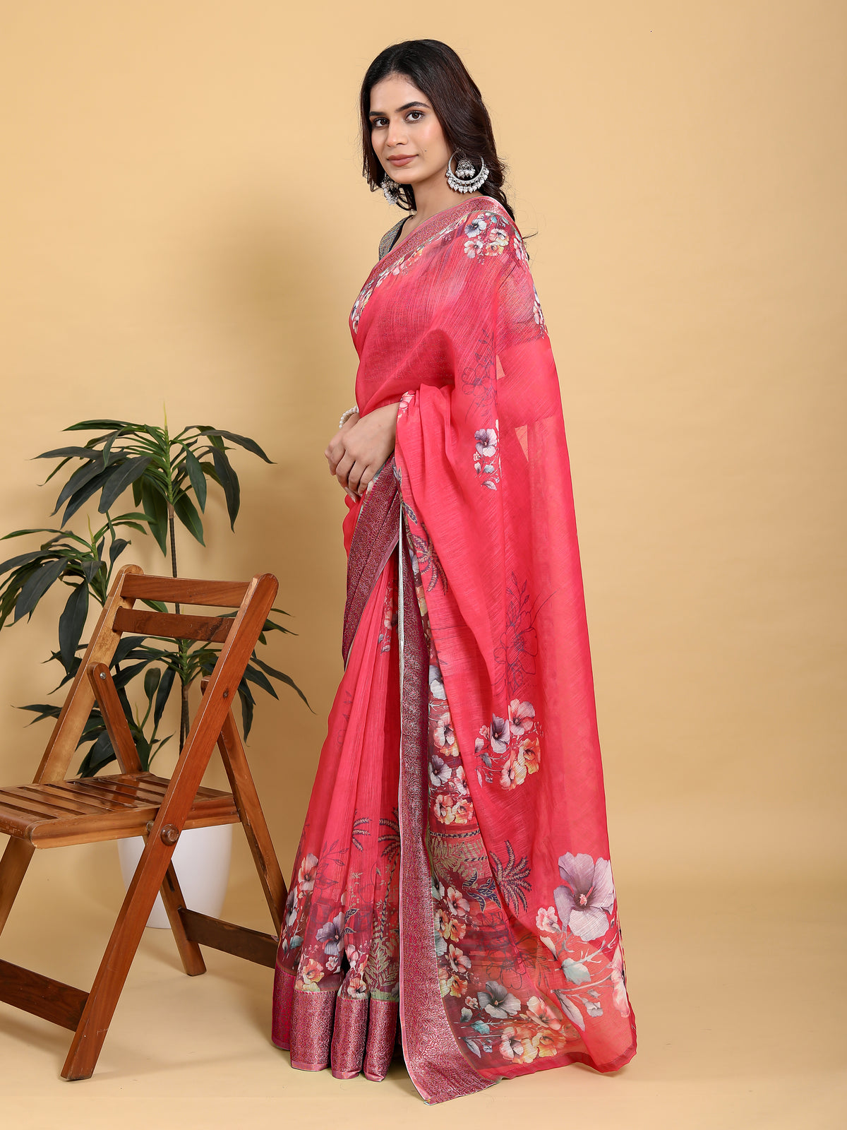 Bright Pink Floral Linen Cotton Saree with Jacquard Borders for Women