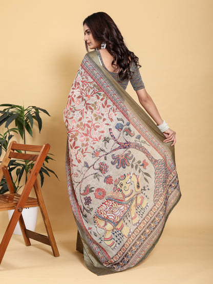 Elegant Cream Linen Cotton Saree with Olive Jacquard Border for Women