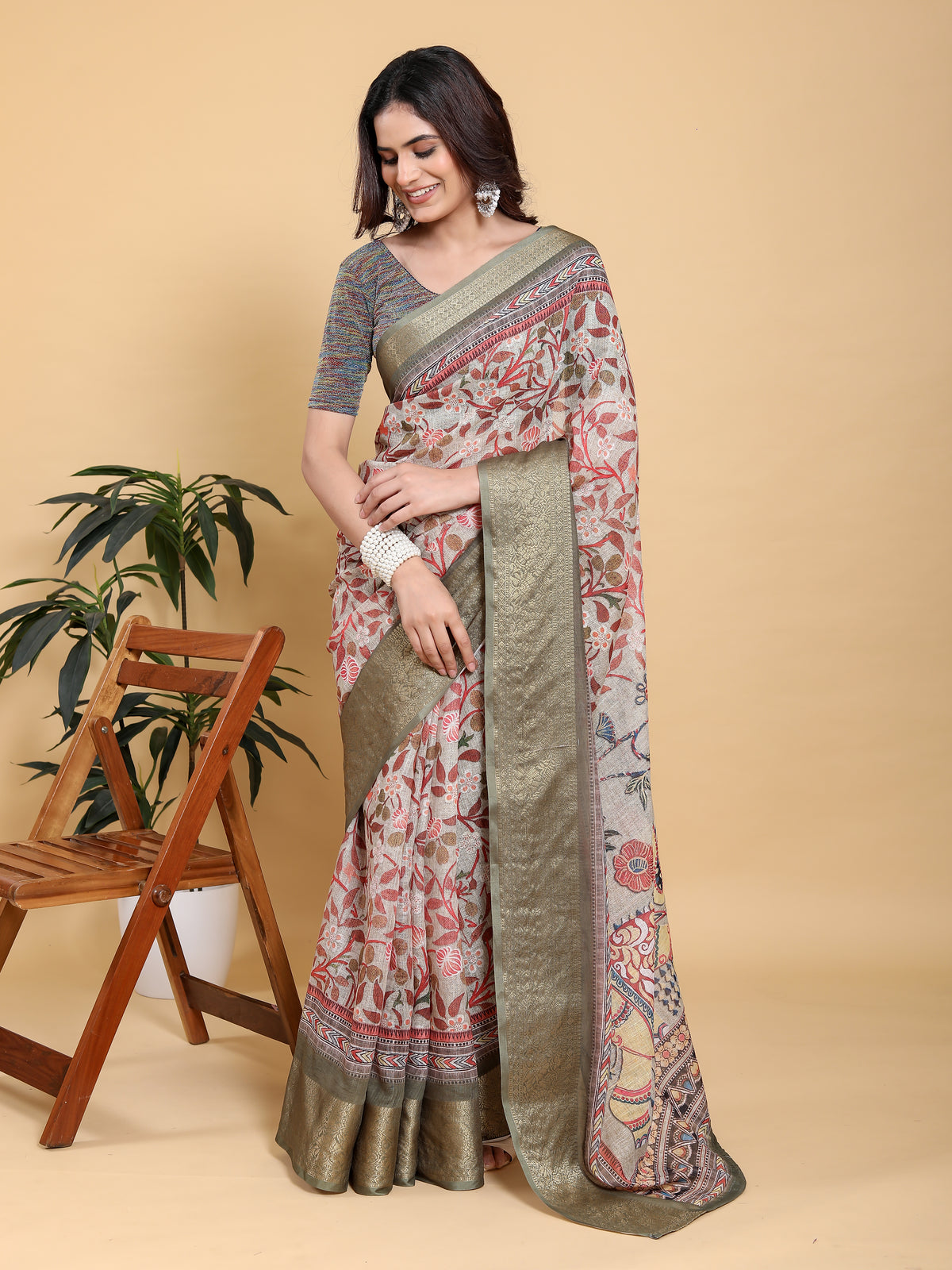 Elegant Cream Linen Cotton Saree with Olive Jacquard Border for Women