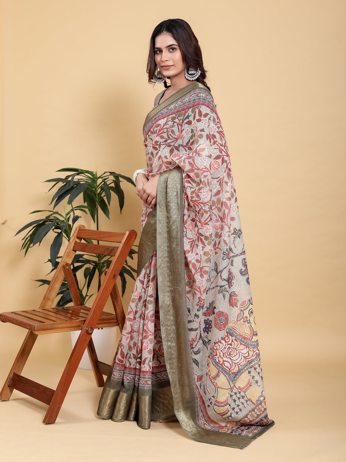 Elegant Cream Linen Cotton Saree with Olive Jacquard Border for Women
