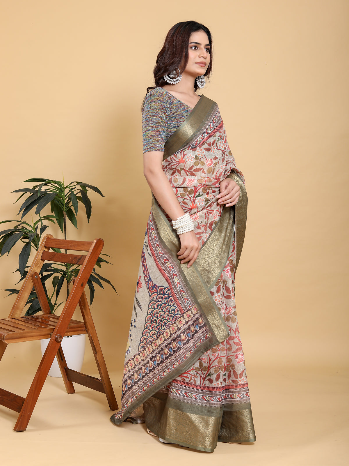Elegant Cream Linen Cotton Saree with Olive Jacquard Border for Women