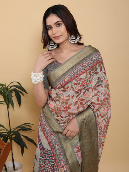 Elegant Cream Linen Cotton Saree with Olive Jacquard Border for Women
