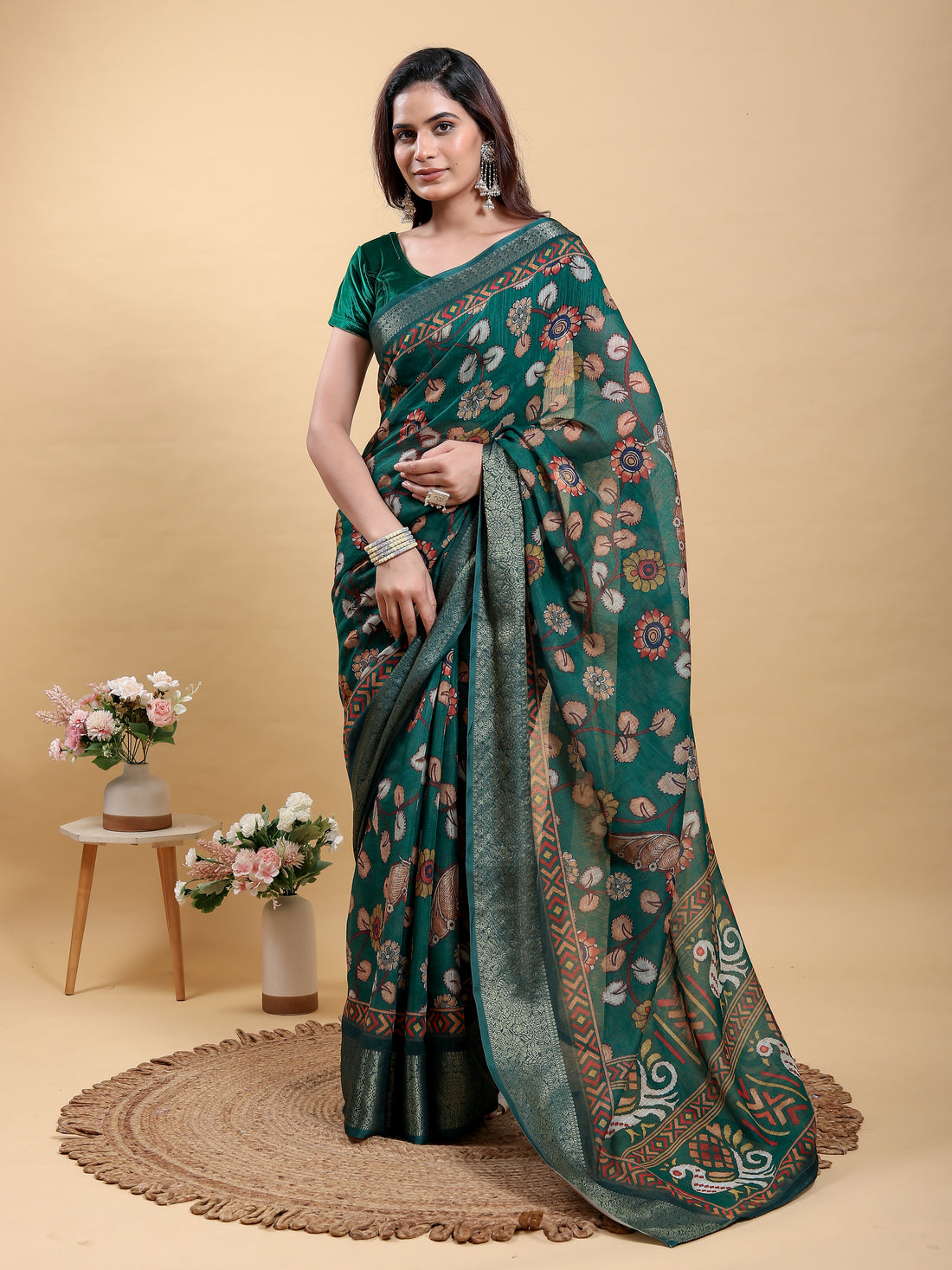 Teal Floral Printed Linen Cotton Saree with Jacquard Border for Women