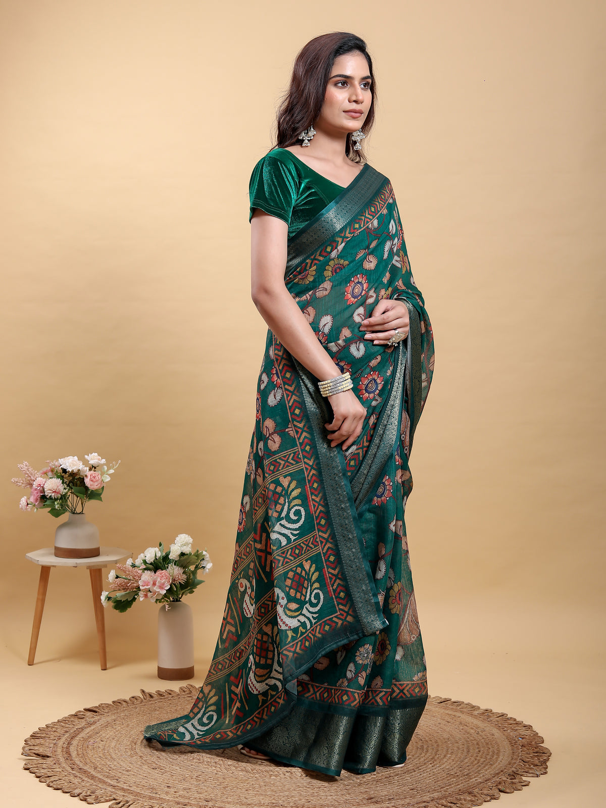 Teal Floral Printed Linen Cotton Saree with Jacquard Border for Women