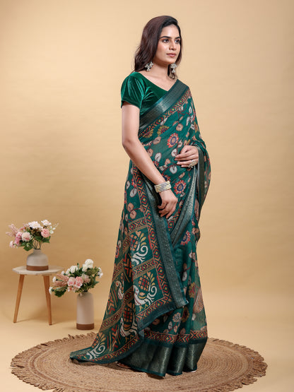 Teal Floral Printed Linen Cotton Saree with Jacquard Border for Women