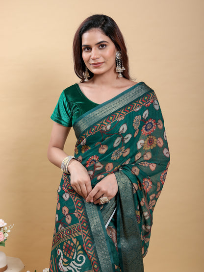 Teal Floral Printed Linen Cotton Saree with Jacquard Border for Women