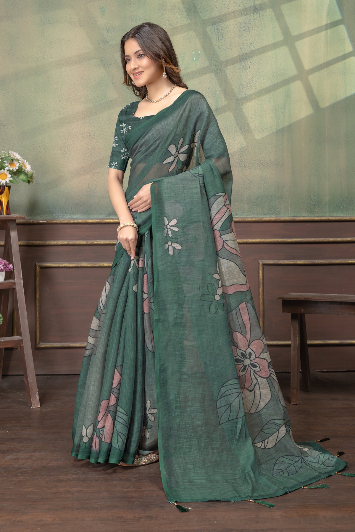 Green Floral Linen Cotton Saree with Elegant Printed Border for Women