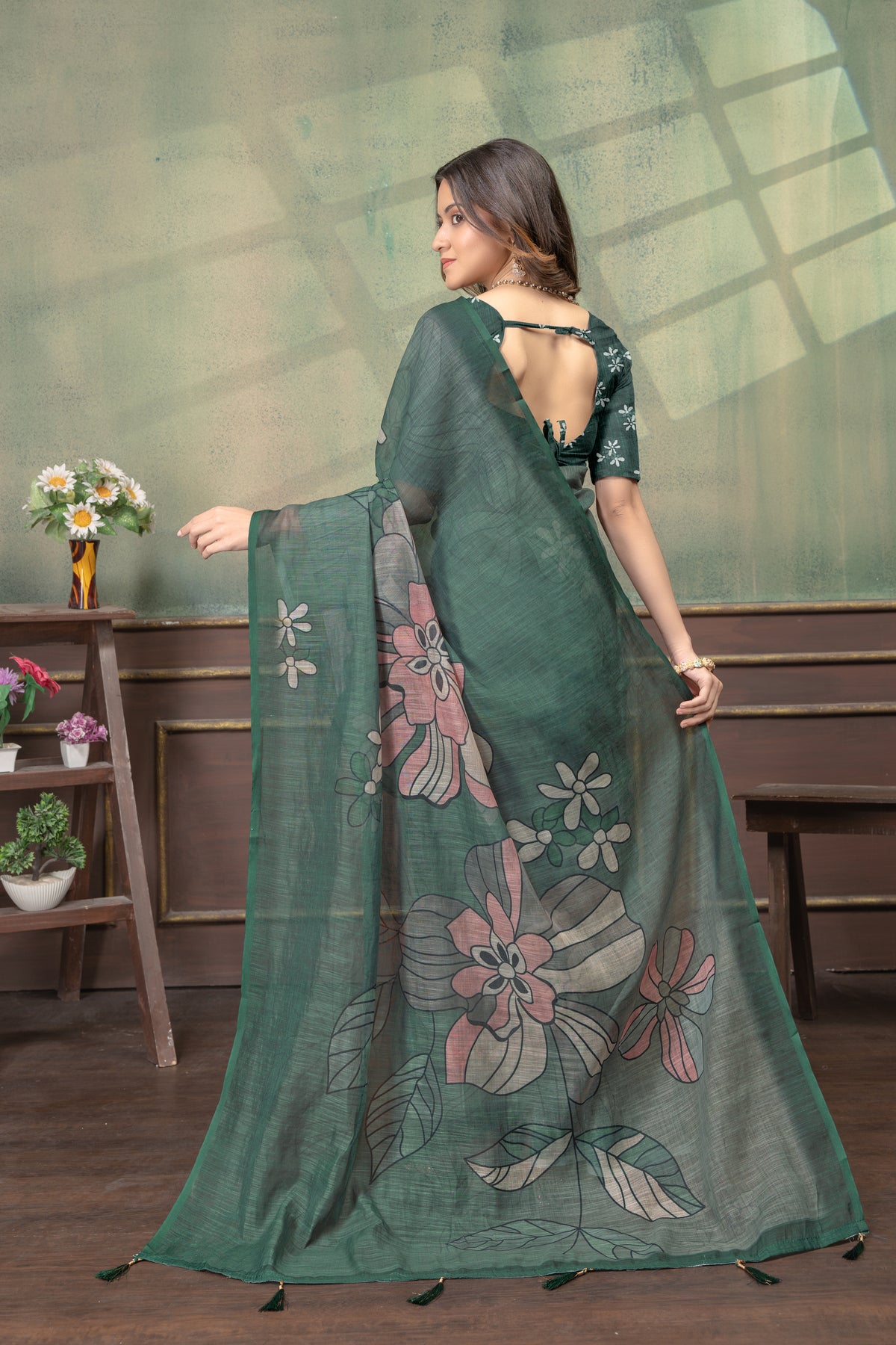 Green Floral Linen Cotton Saree with Elegant Printed Border for Women