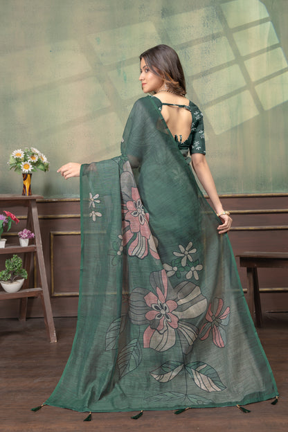 Green Floral Linen Cotton Saree with Elegant Printed Border for Women