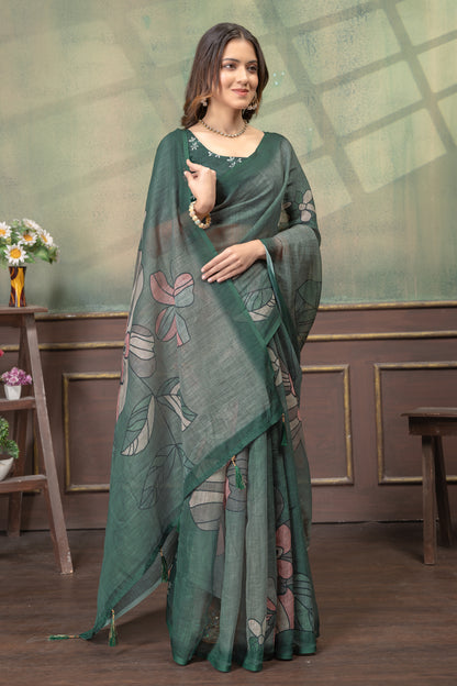 Green Floral Linen Cotton Saree with Elegant Printed Border for Women
