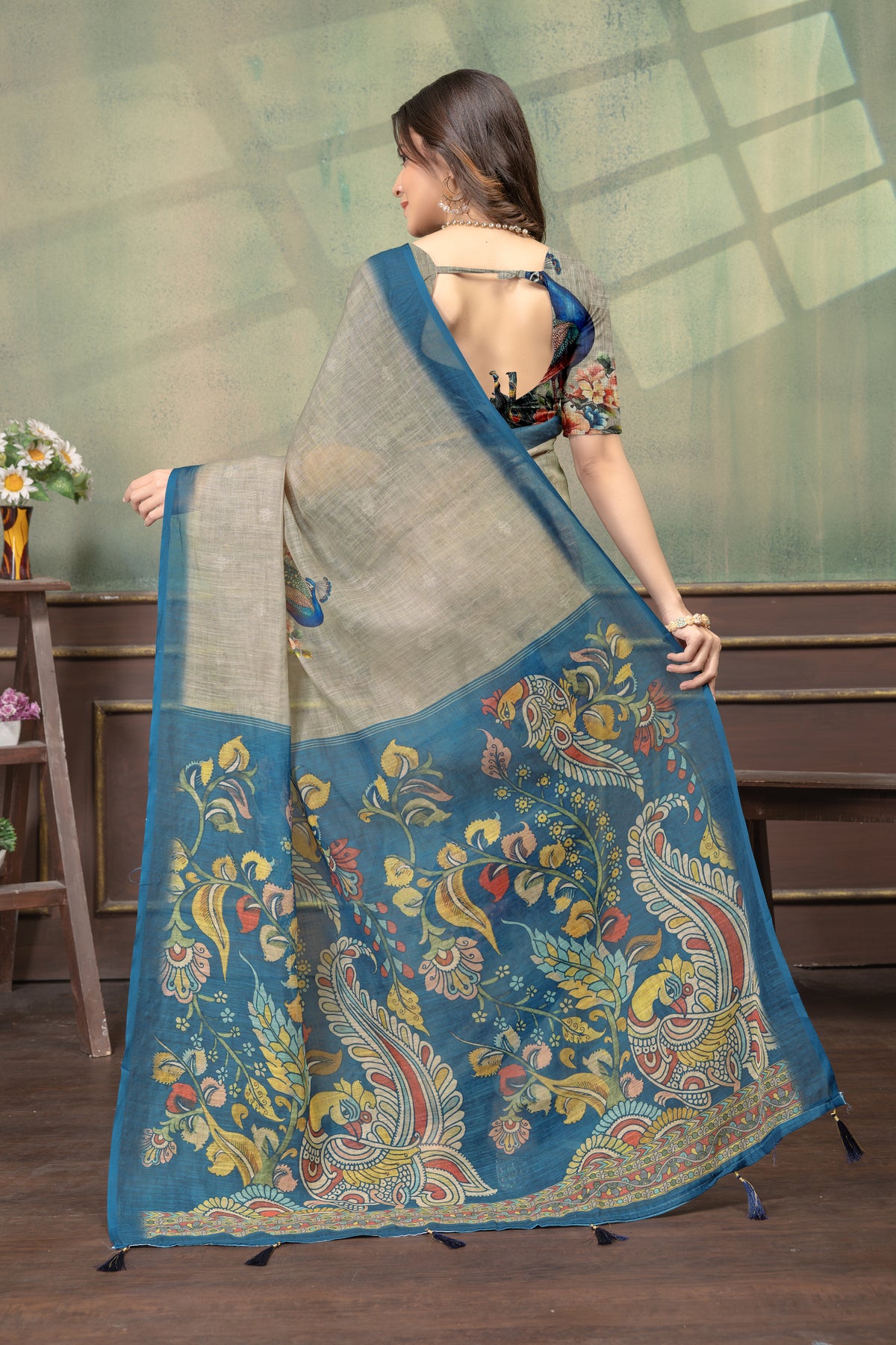 Peacock Floral Printed Linen Cotton Saree with Blue Borders for Women