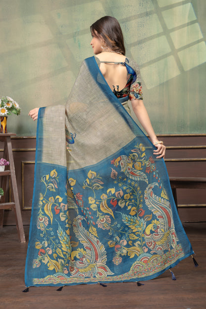 Peacock Floral Printed Linen Cotton Saree with Blue Borders for Women