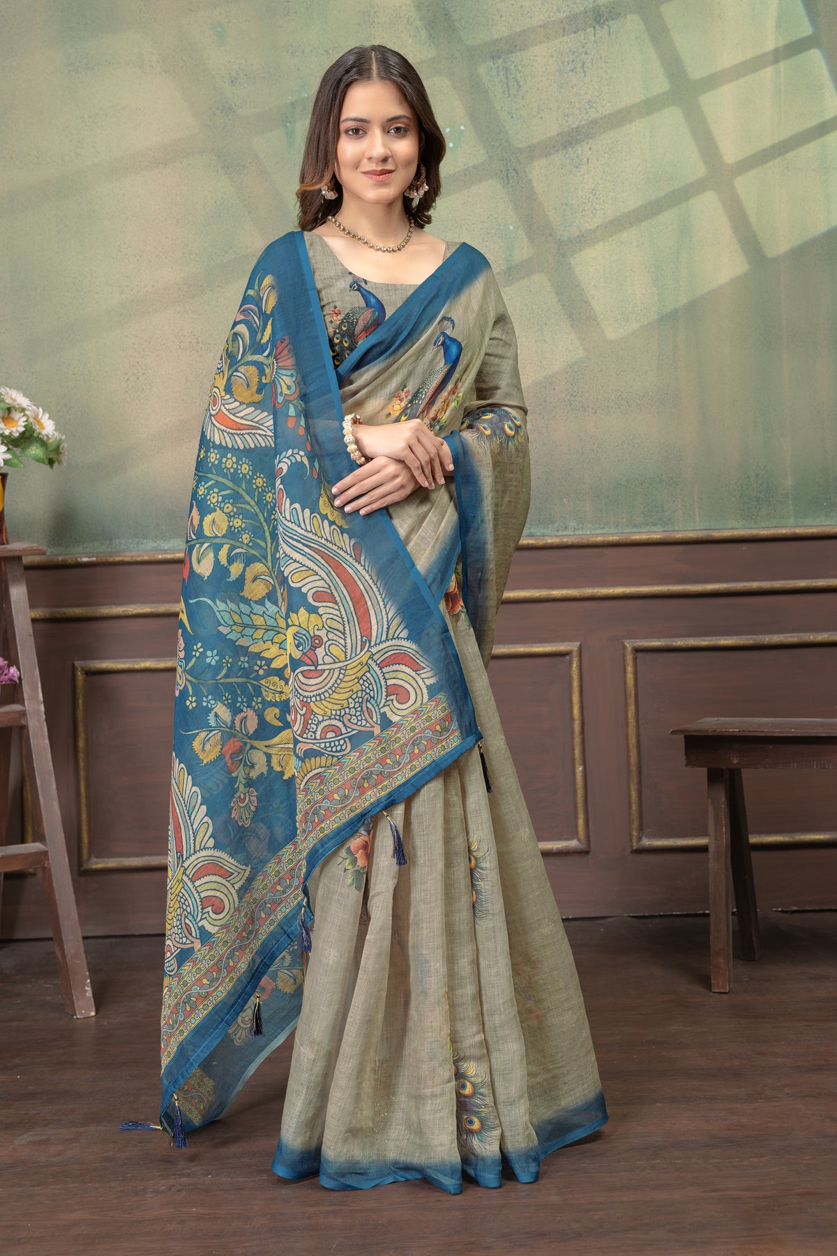 Peacock Floral Printed Linen Cotton Saree with Blue Borders for Women
